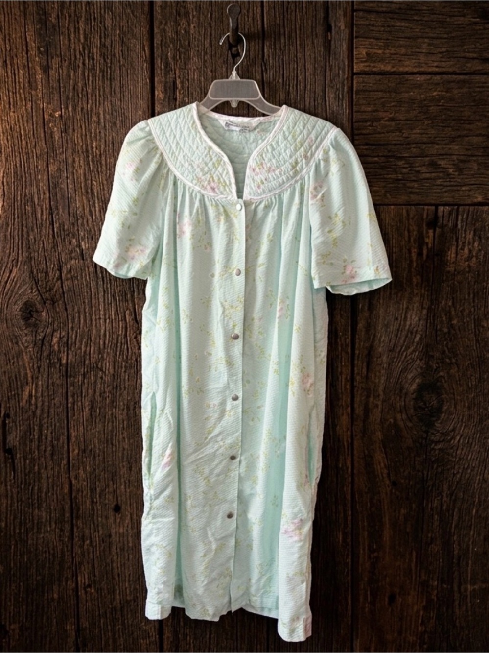 Vintage Morning Glory Mint Floral Button-Front House Coat
